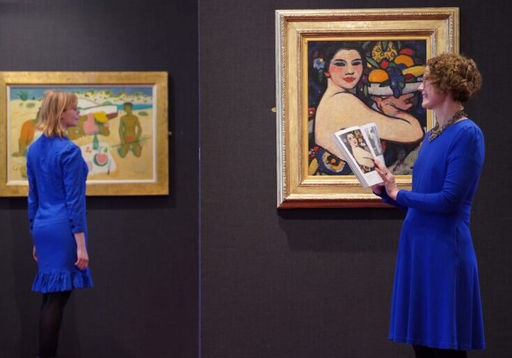 Scottish Art Specialists Alice Strang and Chantal de Prez viewing the forthcoming auction. Credit: Stewart Attwood